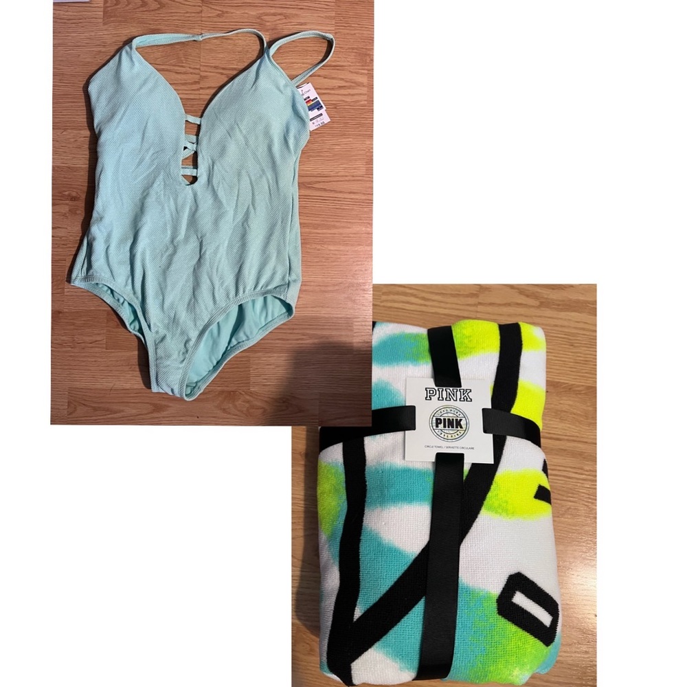 Beautiful blue shimmer NWT one piece suite & a VS circle beach towel